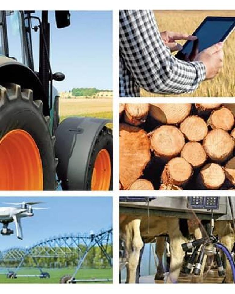collage d'image mettant en avant un univers agricole en lien avec le salon SIMA, un tracteur, un champ, du bois, un drone etc.