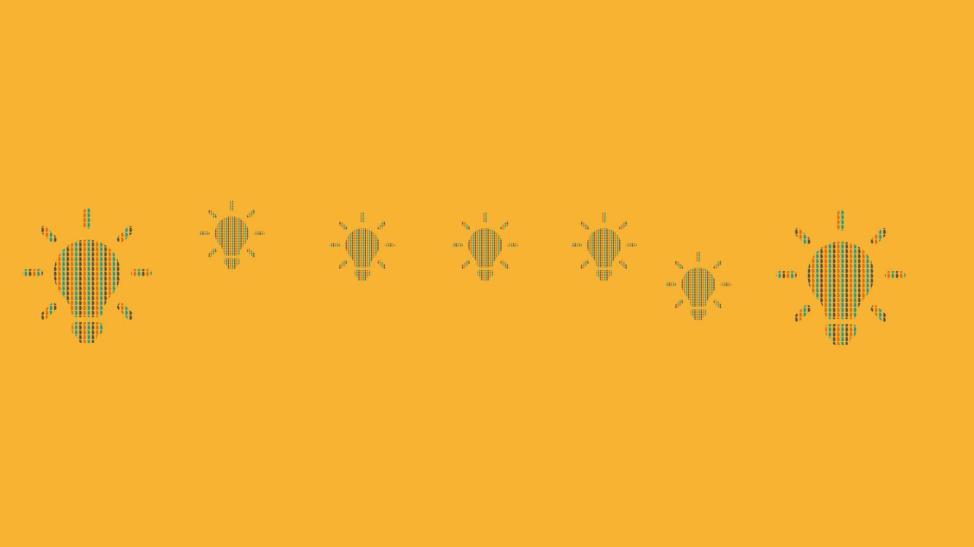 Illustration graphique avec des ampoules sur fond jaune représentant des idées