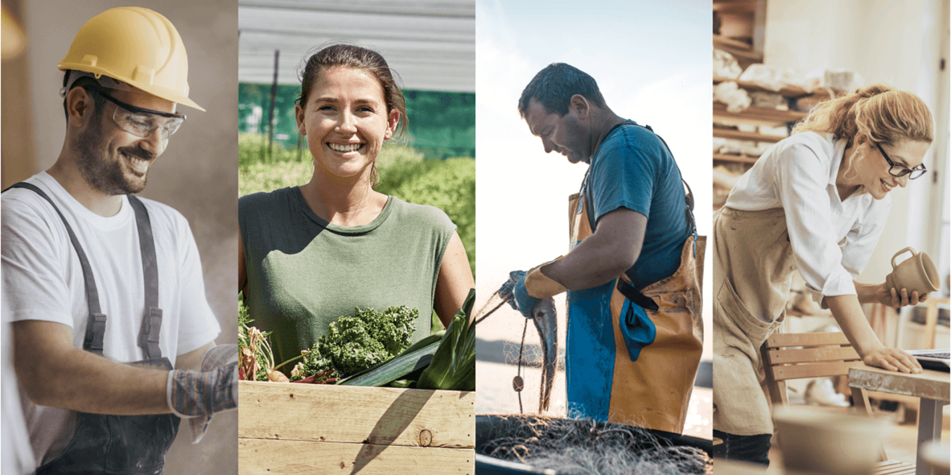 Des hommes et des femmes en plein travail avec le sourire représentant les clients adhérents de Cerfrance (Maçon, agriculteur, pêcheur, artisan)