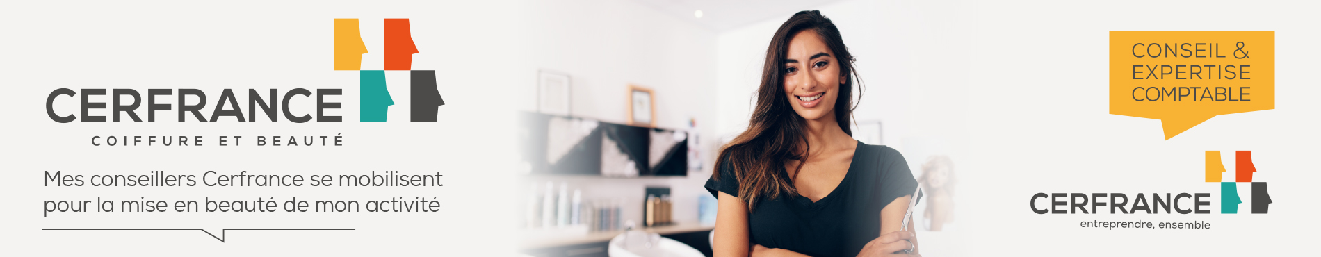 Bannière cerfrance coiffure et beauté, une coiffeuse au cetre de l'image, avec écrit "Mes conseillers Cerfrance se mobilisent pour la mise en beauté de mon activité"