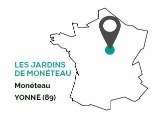 Illustration d'une carte de france montrant l'emplacement des jardins de monéteau dans l'Yonne